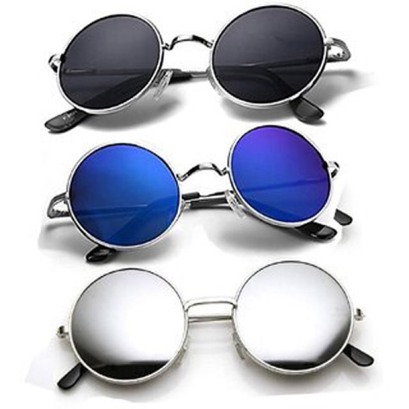 Black Blue Silver Mirrored Medium Full Rim Round Metal Unisex Sunglasses - Pack Of 3